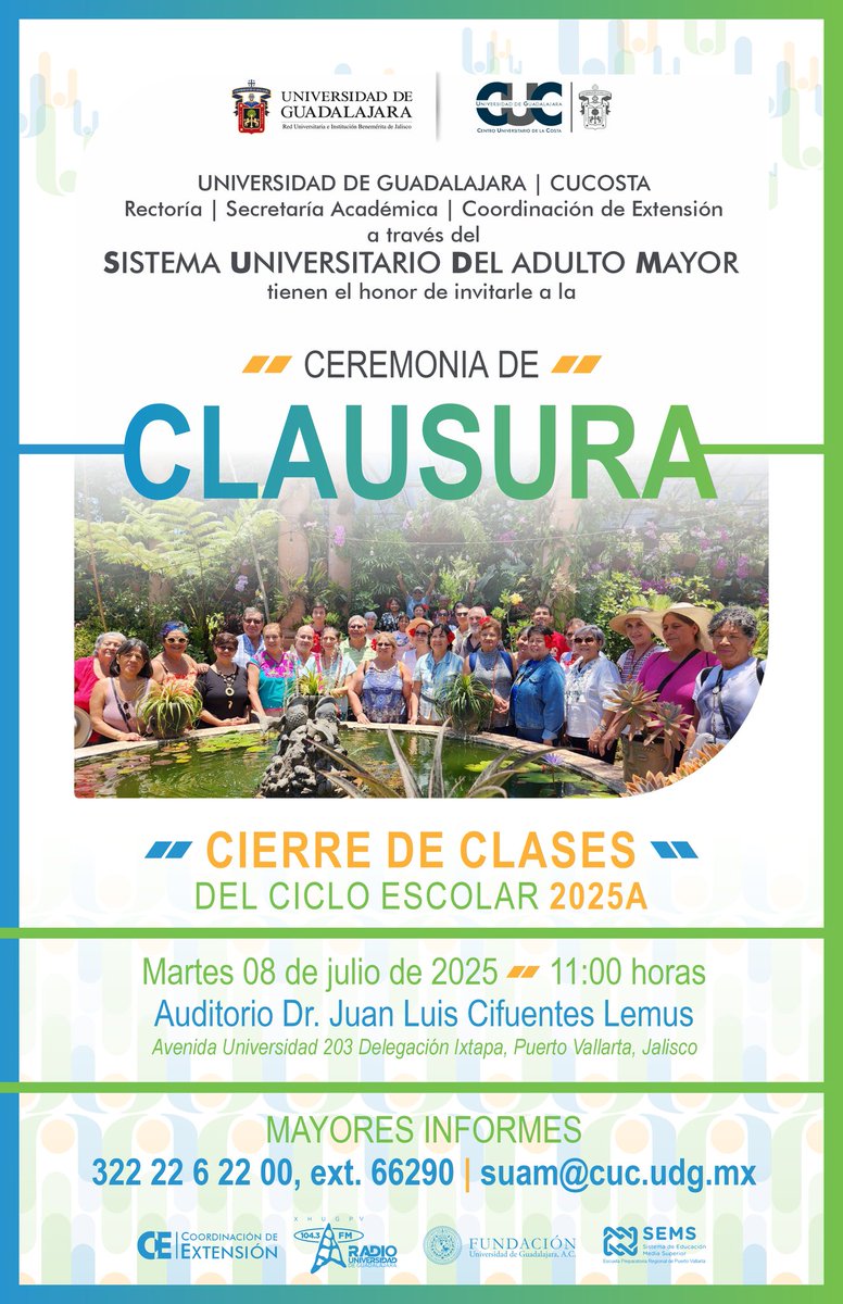 Centro Universitario de la Costa (@cucosta) on Twitter photo Cordialmente invitados a la ๐ช๐ฌ๐น๐ฌ๐ด๐ถ๐ต๐ฐ๐จ ๐ซ๐ฌ ๐ช๐ณ๐จ๐ผ๐บ๐ผ๐น๐จ
del Sistema Universitario del Adulto Mayor
๐๐ข๐๐ซ๐ซ๐ ๐๐ ๐๐ฅ๐๐ฌ๐๐ฌ ๐๐๐๐๐
๐ Martes 08 de julio
๐11 horas.
๐ Auditorio Dr. Juan Luis Cifuentes Lemus Cordialmente invitados a la ๐ช๐ฌ๐น๐ฌ๐ด๐ถ๐ต๐ฐ๐จ ๐ซ๐ฌ ๐ช๐ณ๐จ๐ผ๐บ๐ผ๐น๐จ
del Sistema Universitario del Adulto Mayor
๐๐ข๐๐ซ๐ซ๐ ๐๐ ๐๐ฅ๐๐ฌ๐๐ฌ ๐๐๐๐๐
๐ Martes 08 de julio
๐11 horas.
๐ Auditorio Dr. Juan Luis Cifuentes Lemus