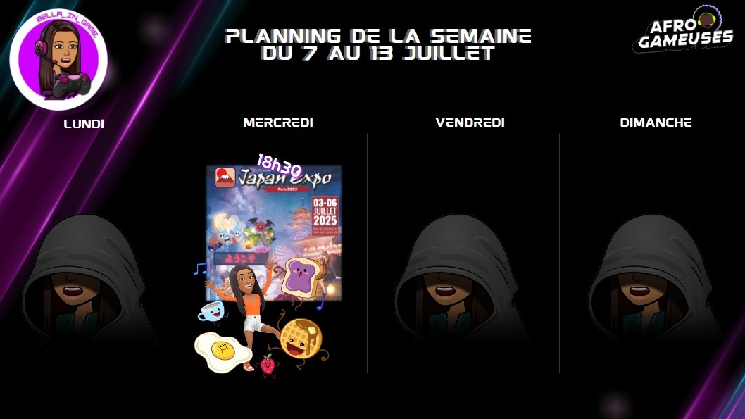 📅 Planning de la semaine 📅
Une petite semaine de repos mais on se retrouve pour une belle "dégustation" 🎮💎

🎮 Lundi : OFF
🎁 Mercredi : Japan Expo / lucky bag 
❌ Vendredi : OFF
💃🏽 Dimanche : OFF (évènement danse, désolée les copains 🥲)

📺 … instagr.am/p/DL0k3a1tsXM/