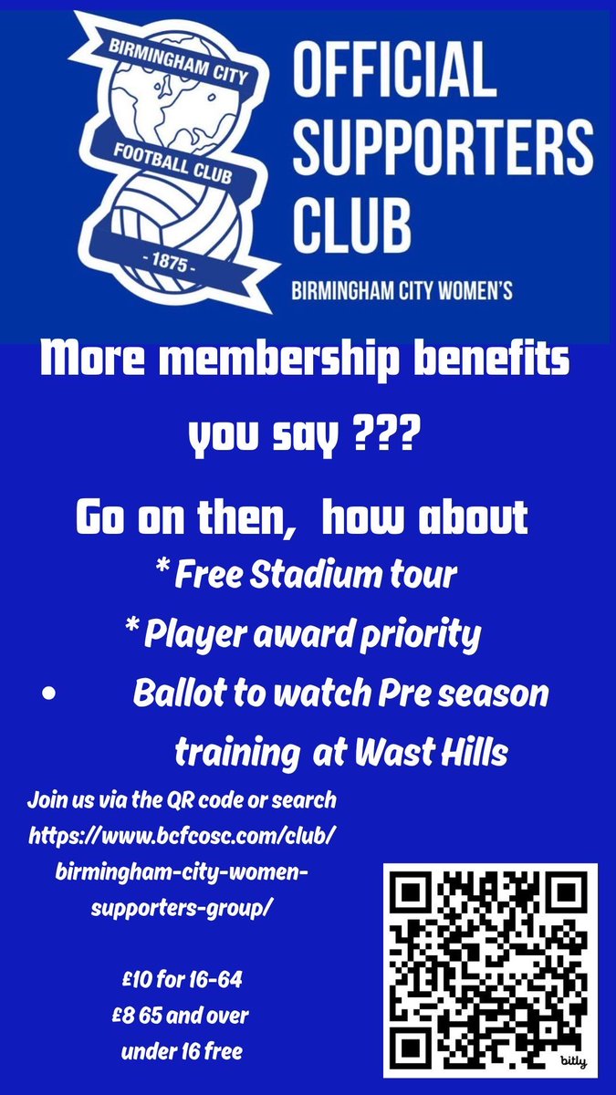 BCFCWomenOSC's tweet image. The transfer window is open but so is the @bcfcwomenOSC renewal and new member window. Come and join us and get great benefits.
Join here - bcfcosc.com/club/birmingha…
#KRO // #BCFC // #bcfcOSC //#bcfcwomenosc//#birminghamontherise