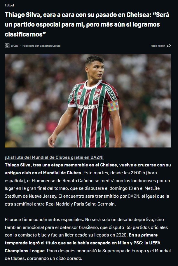 SebaCerutti's tweet photo. #FIFACWC | @FluminenseFC 🆚 @ChelseaFC

En @DAZN_ES, cuatro historias en la previa:
⚡ Renato Gaúcho, el DT más excéntrico del torneo
⚖️ Fluminense, del abismo al sueño mundial
🏟️ Thiago Silva, reencuentro con Chelsea
🎙️ “Será especial enfrentarlos… pero más todavía eliminarlos” https://t.co/4tOSZnDYQG