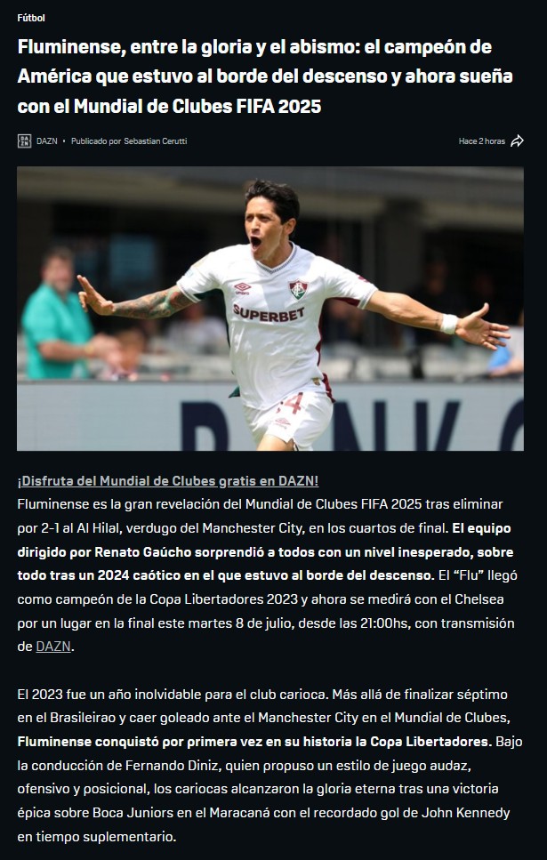 SebaCerutti's tweet photo. #FIFACWC | @FluminenseFC 🆚 @ChelseaFC

En @DAZN_ES, cuatro historias en la previa:
⚡ Renato Gaúcho, el DT más excéntrico del torneo
⚖️ Fluminense, del abismo al sueño mundial
🏟️ Thiago Silva, reencuentro con Chelsea
🎙️ “Será especial enfrentarlos… pero más todavía eliminarlos” https://t.co/4tOSZnDYQG