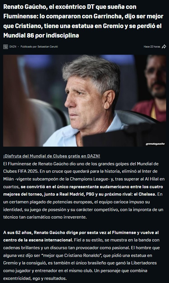 SebaCerutti's tweet photo. #FIFACWC | @FluminenseFC 🆚 @ChelseaFC

En @DAZN_ES, cuatro historias en la previa:
⚡ Renato Gaúcho, el DT más excéntrico del torneo
⚖️ Fluminense, del abismo al sueño mundial
🏟️ Thiago Silva, reencuentro con Chelsea
🎙️ “Será especial enfrentarlos… pero más todavía eliminarlos” https://t.co/4tOSZnDYQG