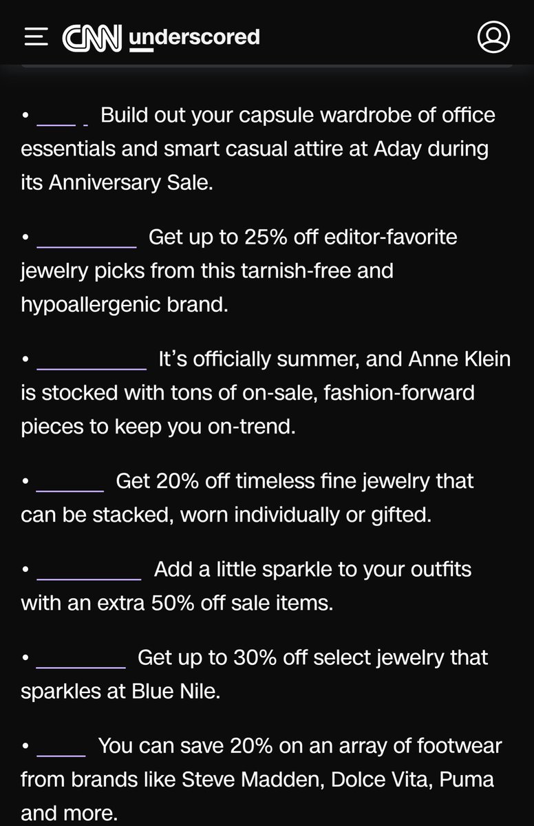 EllisGodard's tweet photo. @CNNUnderscored Formatting in the app sux in dark mode - no store name is visible lmao 🤣 https://t.co/ILRJ8zaDAc