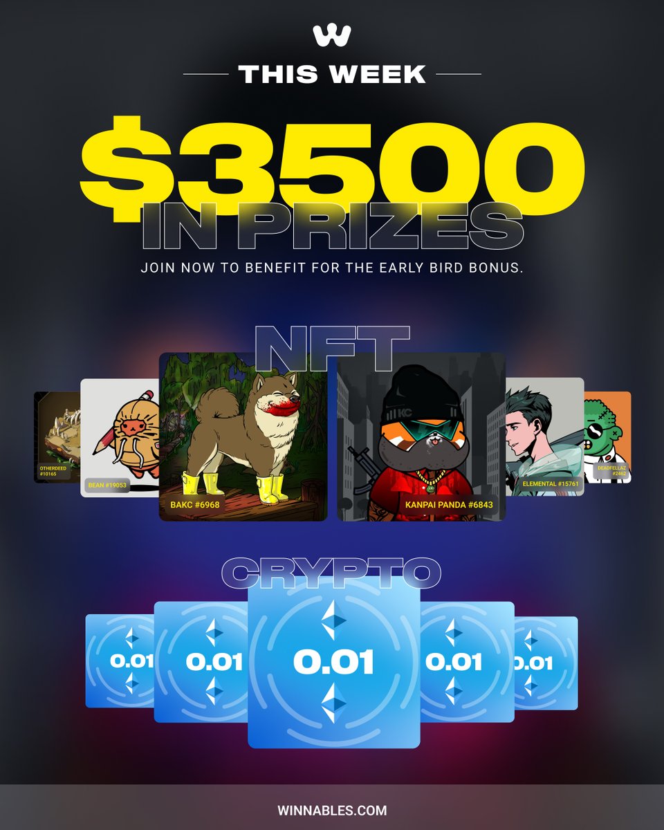 Winnables (@winnnables) on Twitter photo $3,500 in prizes live this week on winnables.com/competitions
NFTs + ETH raffles every single day ๐ฅ
๐ฏ Daily Giveaways:
โข 1 NFT per day (including a BAKC + Kanpai Panda ๐พ๐ผ)
โข 3 ETH raffles daily โ 0.01 ETH each ๐ธ
Want FREE tickets to enter? ๐๏ธ
โ
Like
๐ Retweet
๐ฅ Tag a $3,500 in prizes live this week on winnables.com/competitions
NFTs + ETH raffles every single day ๐ฅ
๐ฏ Daily Giveaways:
โข 1 NFT per day (including a BAKC + Kanpai Panda ๐พ๐ผ)
โข 3 ETH raffles daily โ 0.01 ETH each ๐ธ
Want FREE tickets to enter? ๐๏ธ
โ
Like
๐ Retweet
๐ฅ Tag a