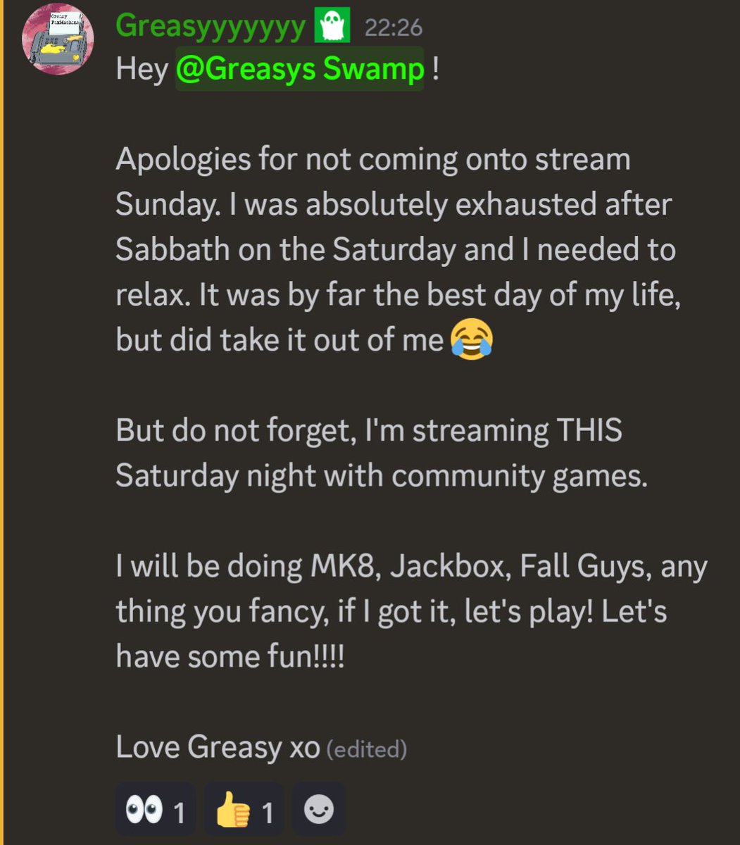 GreasyFaxMachin's tweet photo. An apology for skipping stream and an announcement for the weekend! https://t.co/UbK7Gxzmby
