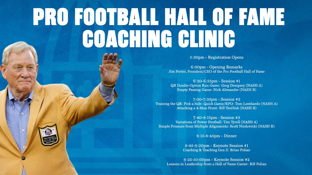 BrianPolian's tweet image. We have a great clinic lined up for Thursday night! It’s FREE for all youth and high school coaches in Ohio. Pre-register and get a free admission to the @ProFootballHOF museum compliments of our host, Bill Polian. Looking forward to some football and fellowship!
