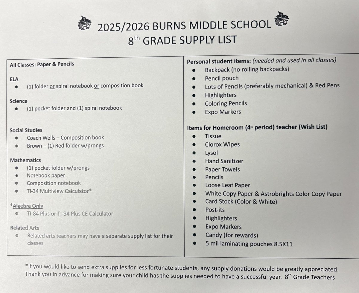 School Supply List for the 25-26 School year!