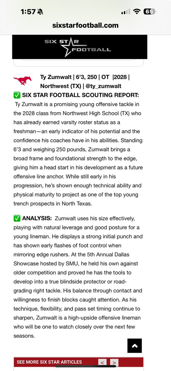 Ty Zumwalt (@ty_zumwalt) on Twitter photo Thank you <a href="/sixstarfootball/">Six Star Football | PLUS+</a> for the analysis on my performance at Texas A&M and SMU camps. Continuing to work everyday to strengthen my skills.
<a href="/TMA79_/">Trench Mobb Academy</a>
<a href="/schutzac/">Coach Schutz</a>
<a href="/NHSRecruits/">Northwest High School Football Recruiting</a> Thank you <a href="/sixstarfootball/">Six Star Football | PLUS+</a> for the analysis on my performance at Texas A&M and SMU camps. Continuing to work everyday to strengthen my skills.
<a href="/TMA79_/">Trench Mobb Academy</a>
<a href="/schutzac/">Coach Schutz</a>
<a href="/NHSRecruits/">Northwest High School Football Recruiting</a>