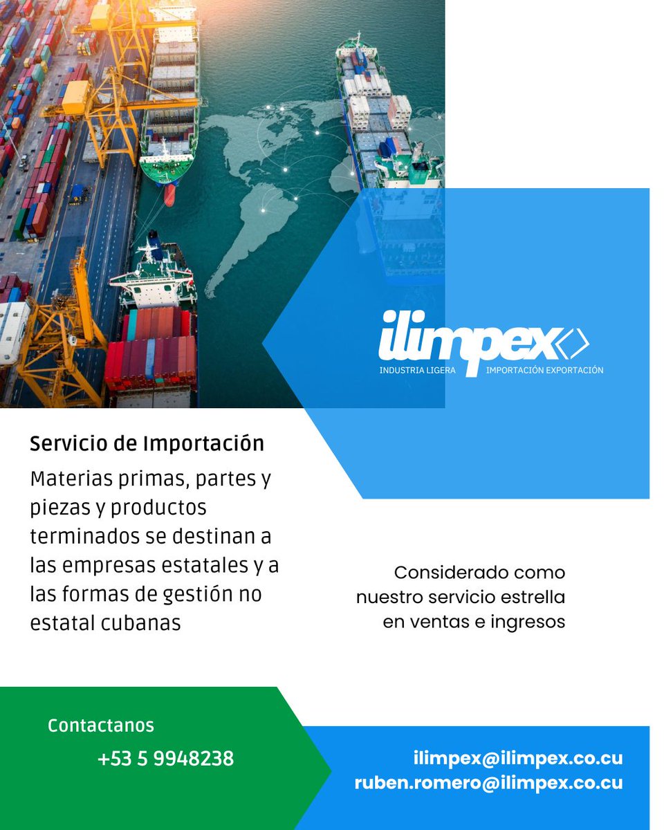 ilimpex_oficial's tweet photo. ¿Buscas importar materias primas o insumos? ILIMPEX te ofrece gestión integral, logística y asesoría para que tu importación llegue rápido y sin problemas. 🚛🌐 #Importación #ILIMPEX #IndustriaCubana https://t.co/H1yVSYMUnB
