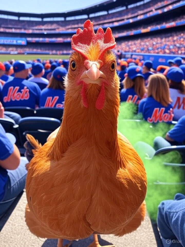 Philittups's tweet image. Breaking: Chicken Neck showed up at Citi Field, farted loud — Mets fans cheered! His “gas-powered” anthem sparked a Mets win streak. #GiveNeckAChance #MetsMagic