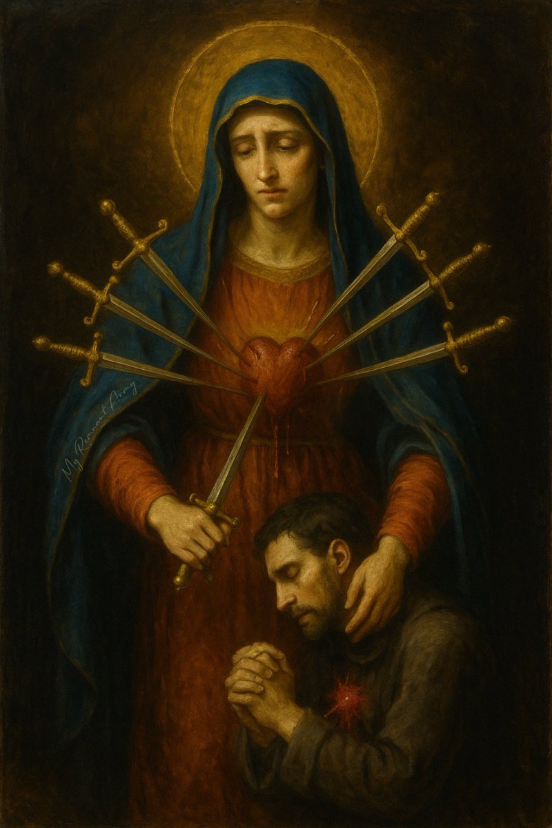 I Saw Our Lady of Sorrows

Yesterday, as I prayed the Rosary, I had a vision.
Our Lady of Sorrows was there—cloaked in silence, steadfast in grief.
I felt motionless, defeated, tired of fighting this invisible war.
And then I saw Her reach into her Immaculate Heart
and pull out