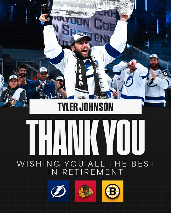 Top: Tyler Johnson hoisting the Stanley Cup above his head on ice in a Lightning uniform.

Middle: Text on a white and black background reading "Tyler Johnson. Thank you. Wishing you all the best in retirement".

Bottom: Logos of the NHL teams he played for. Those include: Tampa Bay Lightning, Chicago Blackhawks, Boston Bruins.