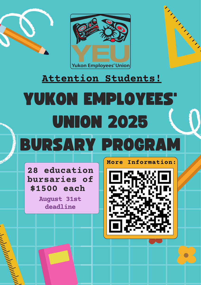 YEUPSAC's tweet photo. ATTENTION STUDENTS!

This year, the Yukon Employees' Union will proudly award 28 education bursaries of $1500 each to members and their dependents pursuing post-secondary education.

More details: https://t.co/ODjpdi56TZ https://t.co/J8KNYfl4QT