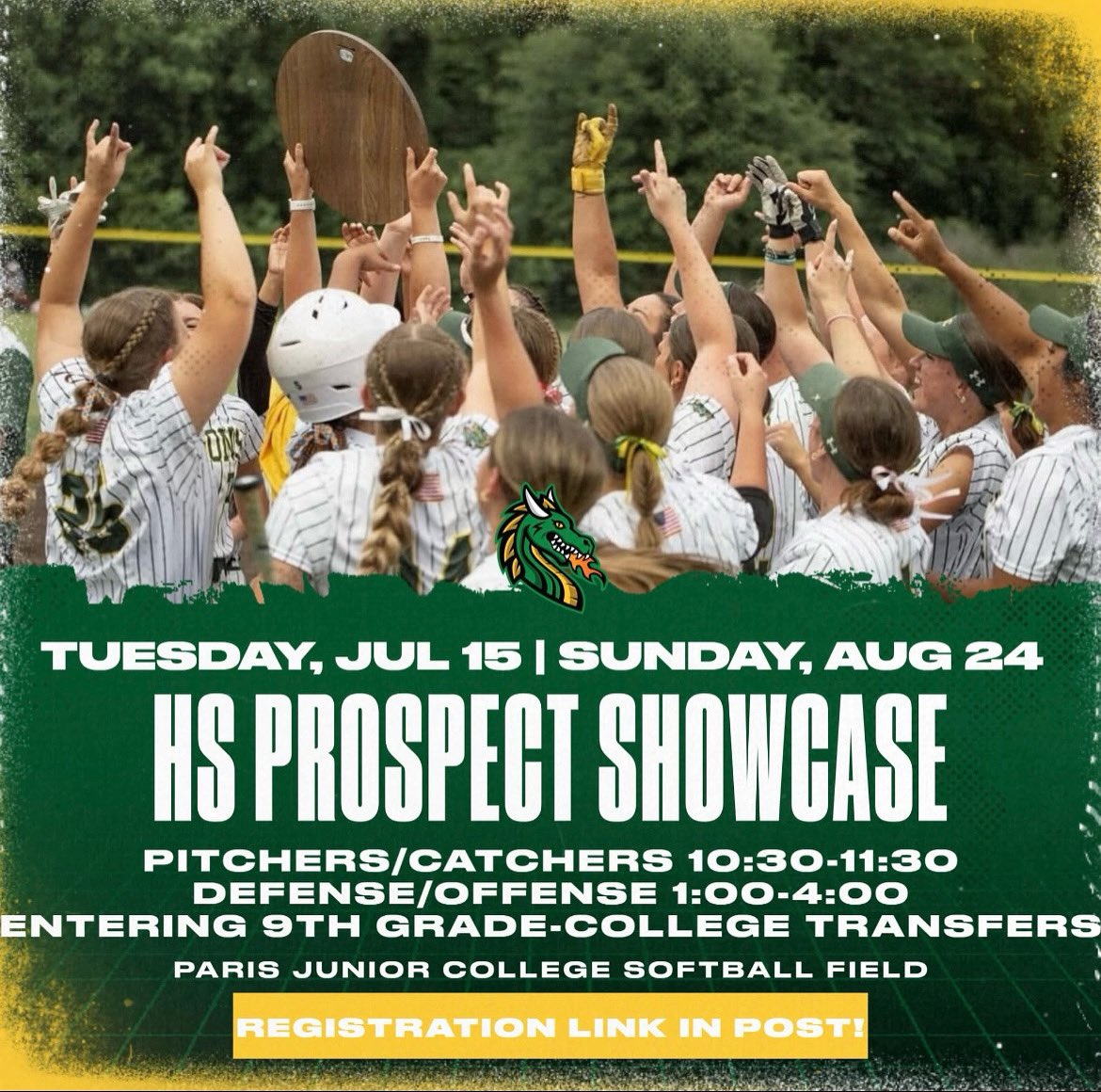 Paris JC Softball (@pjcsoftball) on Twitter photo Come showcase your skills with the 2025 Region 14 Champs 🤘
Showcases will be ran similar to our practice with drills & reps.
Registration with more info can be found at the link below. LINK TO REGISTER:
forms.office.com/r/qXZWCgxFjJ
Contact sshelton@parisjc.edu with any questions. Come showcase your skills with the 2025 Region 14 Champs 🤘
Showcases will be ran similar to our practice with drills & reps.
Registration with more info can be found at the link below. LINK TO REGISTER:
forms.office.com/r/qXZWCgxFjJ
Contact sshelton@parisjc.edu with any questions.