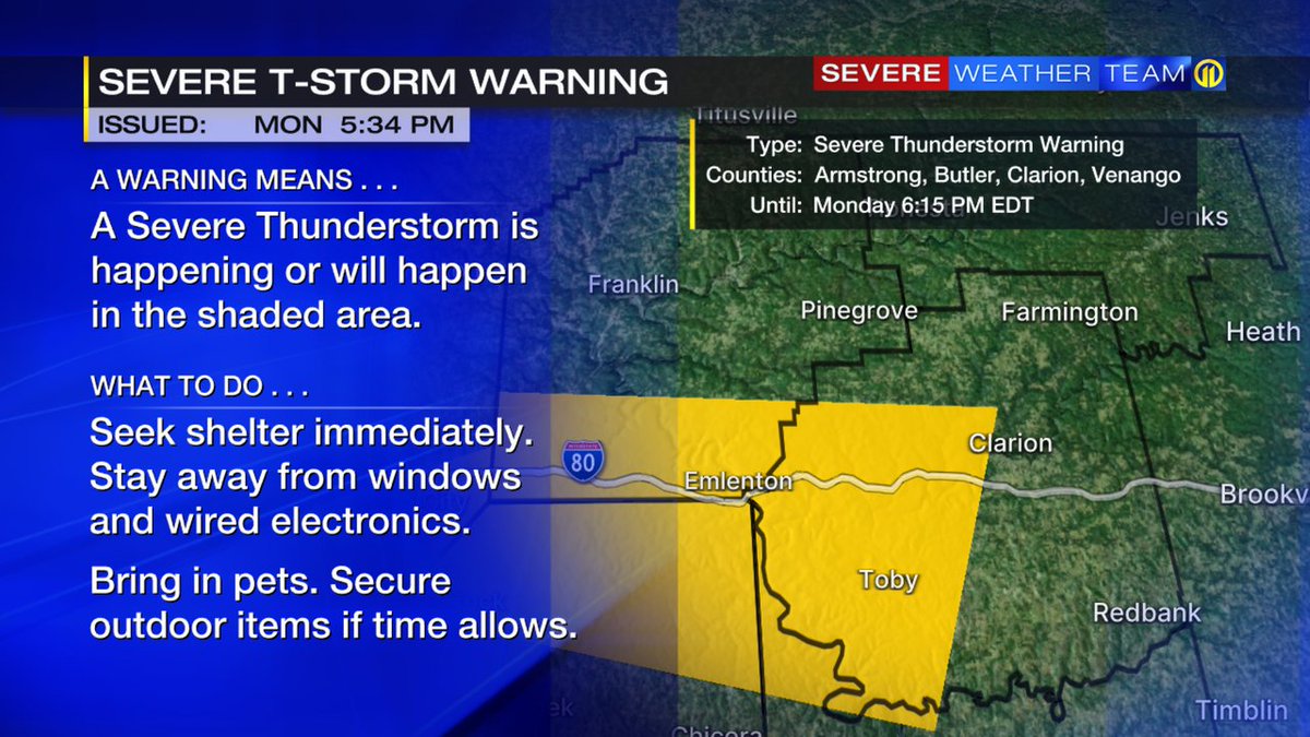 SEVERE THUNDERSTORM WARNING has been issued for the shaded portion of Clarion county.  Take precautions now.

Interactive radar:  on.wpxi.com/radar
Download the FREE Severe Weather Team 11 App for alerts:  on.wpxi.com/app #WPXI #WPXIStorm #SevereWeather #PAWX