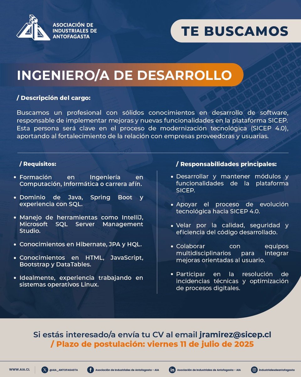 AIA_ANTOFAGASTA's tweet image. ¡Oportunidad laboral!

#AIA #Antofagasta #Informatica #OportunidadLaboral