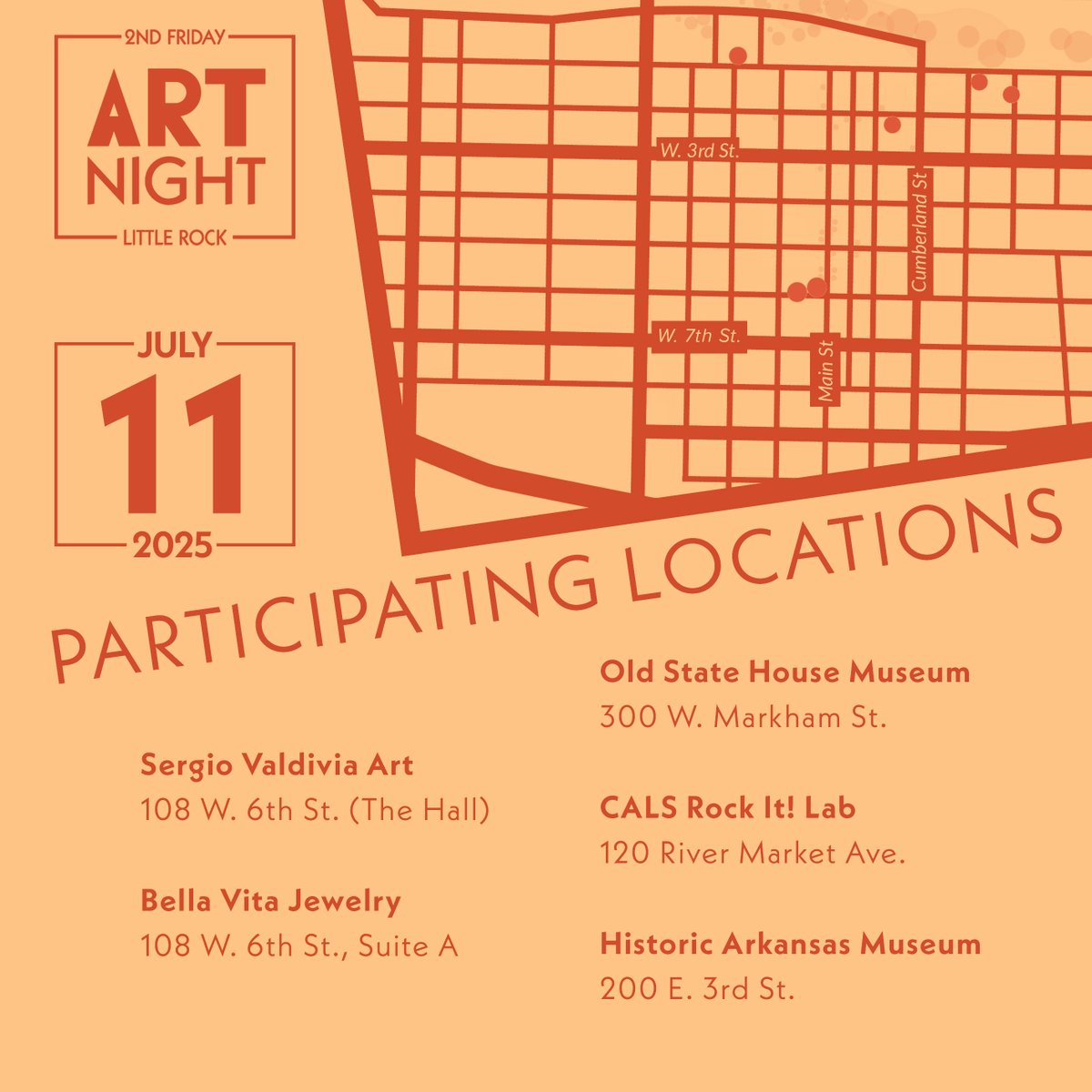 Head downtown THIS FRIDAY for FREE music, drinks, art and much more at all your favorite  participating locations from 508pm! <a href="/historicark/">Historic Arkansas Museum</a>  <a href="/CALibrarySystem/">CALS</a>  <a href="/oshmuseum/">The Old State House</a> <a href="/bvjewelry/">Bella Vita Jewelry</a>