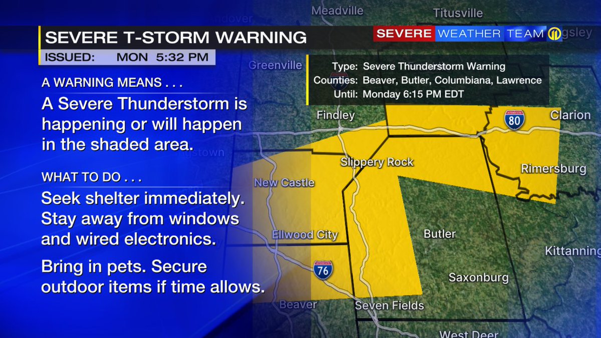 SEVERE THUNDERSTORM WARNING has been issued for the shaded portion of Butler county.  Take precautions now.

Interactive radar:  on.wpxi.com/radar
Download the FREE Severe Weather Team 11 App for alerts:  on.wpxi.com/app #WPXI #WPXIStorm #SevereWeather #PAWX