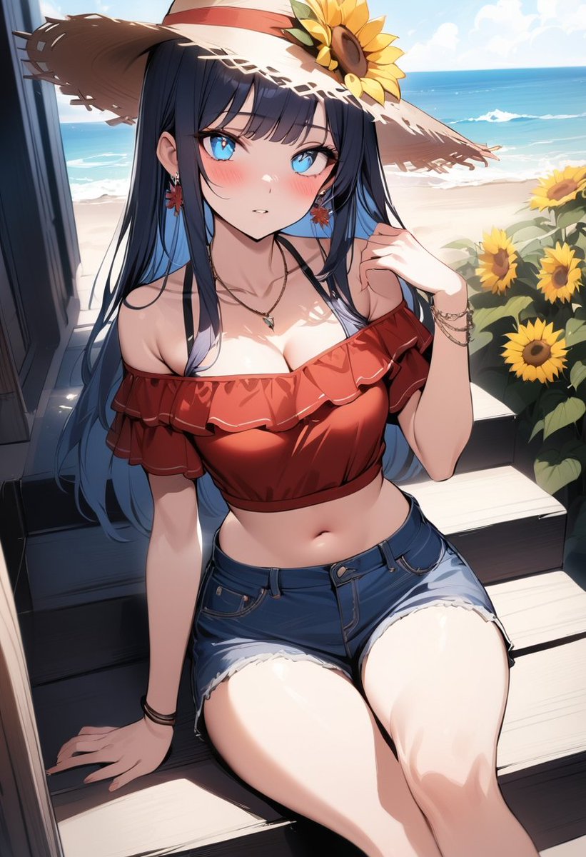 #dobbycanvas #AIart #AIイラスト 
こんにちは🌞

学園では地味でも私服はかなり攻めてる
セーラちゃんです🐧

実は以前ふぇ〜んちゃんがこの服を
借りた繋がりで、
今回はふぇ〜んちゃんから
麦わら帽子を借りてます🌻

午後からも宜しくお願いします🍀