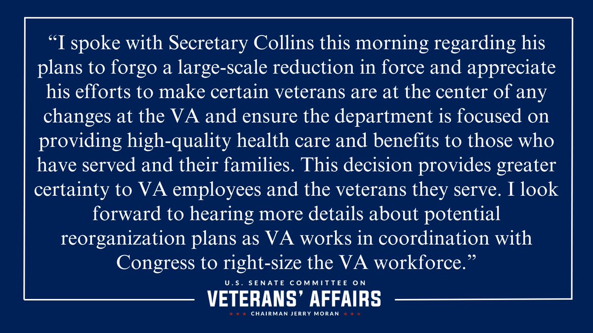 SVACGOP's tweet image. CM @JerryMoran's statement on VA’s announcement about workforce changes: