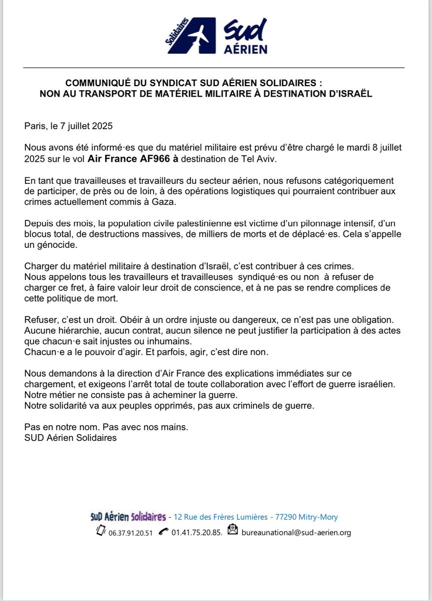 Monira Moon 🗝️ 🇳🇨 ❤️🇵🇸 🔻🇱🇧 (@moonmonira) on Twitter photo Encore une fois, les camarades de <a href="/SudAerien/">Sud Aerien</a> se mobilisent contre le génocide en Palestine et refusent de charger du matériel militaire pour Israël
Bravo à eux #FreePalestine 🇵🇸 Encore une fois, les camarades de <a href="/SudAerien/">Sud Aerien</a> se mobilisent contre le génocide en Palestine et refusent de charger du matériel militaire pour Israël
Bravo à eux #FreePalestine 🇵🇸