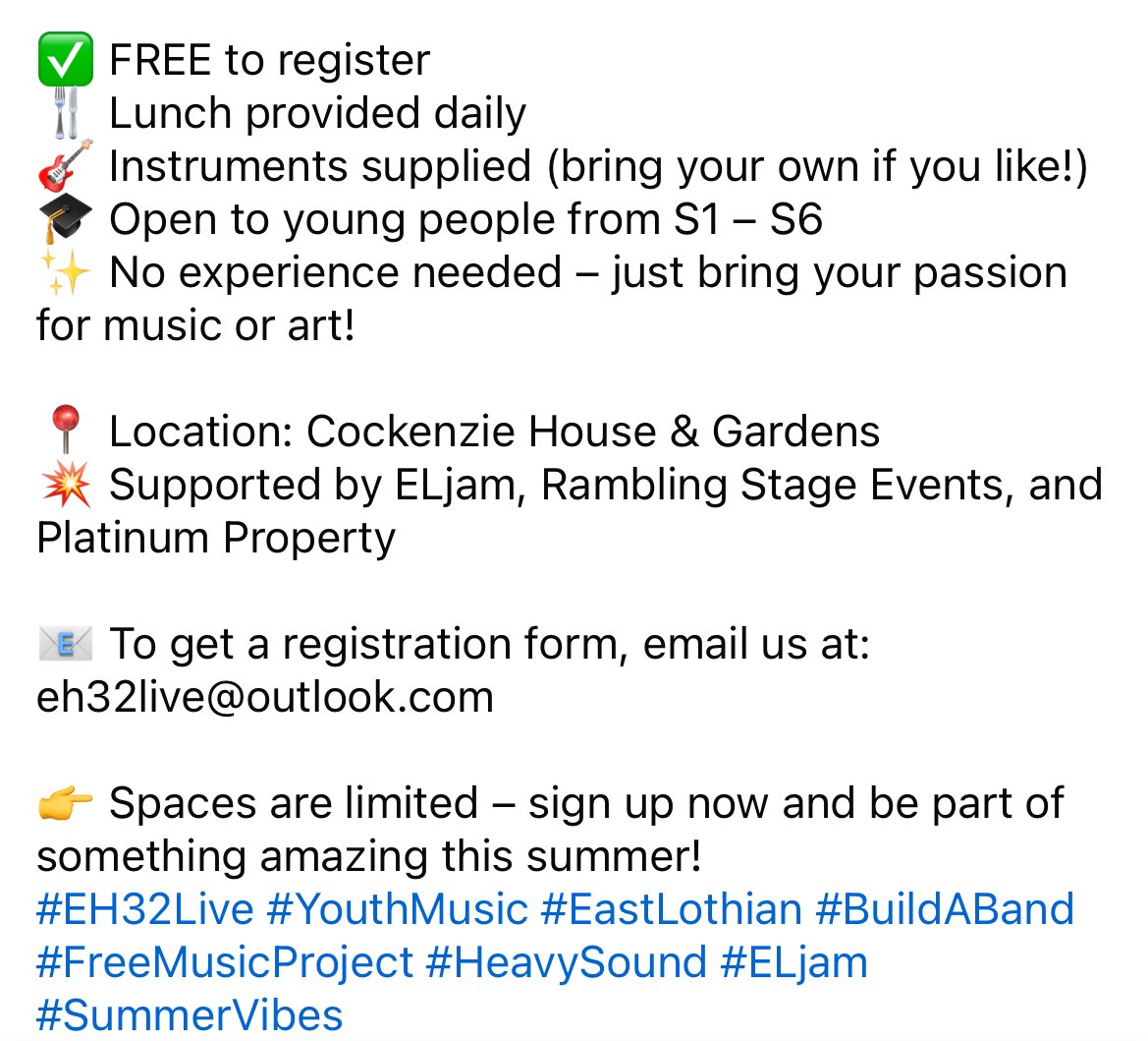 Fantastic opportunity for our young people! 
🎸 EH32 LIVE YOUTH MUSIC PROJECT 2025 – REGISTRATION NOW OPEN! 🎤
We’re excited to announce that registration is now open for this year’s EH32 Live Youth Music Project – and it’s bigger and better than ever!
#EH32Live #YouthMusic