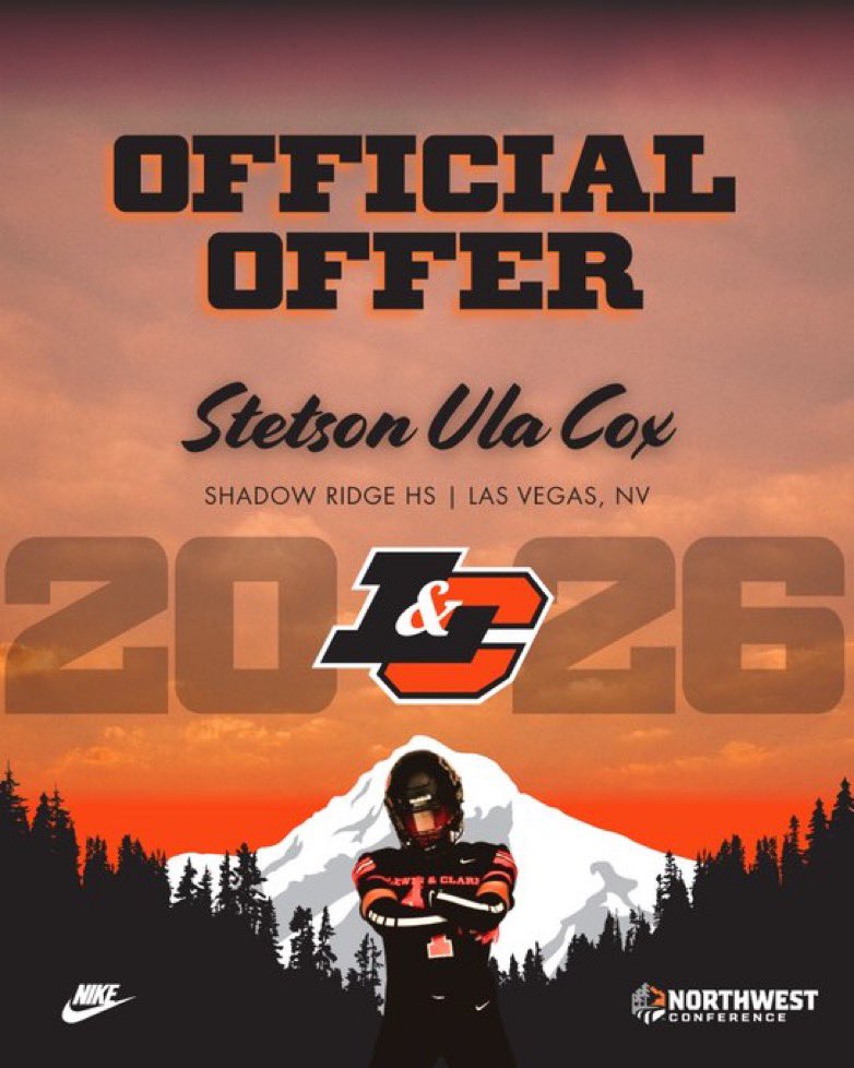 Stetson Ula Cox (@cox1ula) on Twitter photo After many conversations with <a href="/CoachEvanPowers/">Evan Powers</a> I am BLESSED to have EARNED an offer from Lewis and Clark! <a href="/702HSFB/">702 HSFB</a> <a href="/defendtheridge/">Shadow Ridge HS Football</a> <a href="/Coachstevecox/">Coach Steve Cox</a> <a href="/randy_knows/">Randy Russell Jr</a> <a href="/CoachAdamClark/">Adam Clark</a> <a href="/CoachAnguay_ISU/">CoachSamsonAnguay</a> <a href="/TreOguinn/">treoguinn</a> <a href="/Coach_JoFo/">Jody Ford</a> <a href="/Coachrhud/">Ron Hudson</a> <a href="/CoachTWebb/">Thomas Webb Jr.</a> <a href="/CoachNDavisOL/">Neal Davis</a> <a href="/ForeverTrevin/">Coach Chandler</a> After many conversations with <a href="/CoachEvanPowers/">Evan Powers</a> I am BLESSED to have EARNED an offer from Lewis and Clark! <a href="/702HSFB/">702 HSFB</a> <a href="/defendtheridge/">Shadow Ridge HS Football</a> <a href="/Coachstevecox/">Coach Steve Cox</a> <a href="/randy_knows/">Randy Russell Jr</a> <a href="/CoachAdamClark/">Adam Clark</a> <a href="/CoachAnguay_ISU/">CoachSamsonAnguay</a> <a href="/TreOguinn/">treoguinn</a> <a href="/Coach_JoFo/">Jody Ford</a> <a href="/Coachrhud/">Ron Hudson</a> <a href="/CoachTWebb/">Thomas Webb Jr.</a> <a href="/CoachNDavisOL/">Neal Davis</a> <a href="/ForeverTrevin/">Coach Chandler</a>
