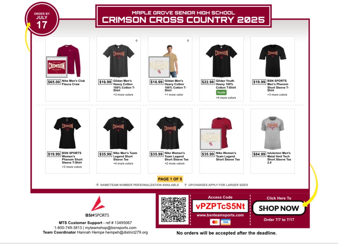 Clothing store is now open for the 2025 cross country season! Support MGXC by purchasing items from the store! Store closes July 17. 

🔗: bsnteamsports.com/shop/vPZPTcS5Nt