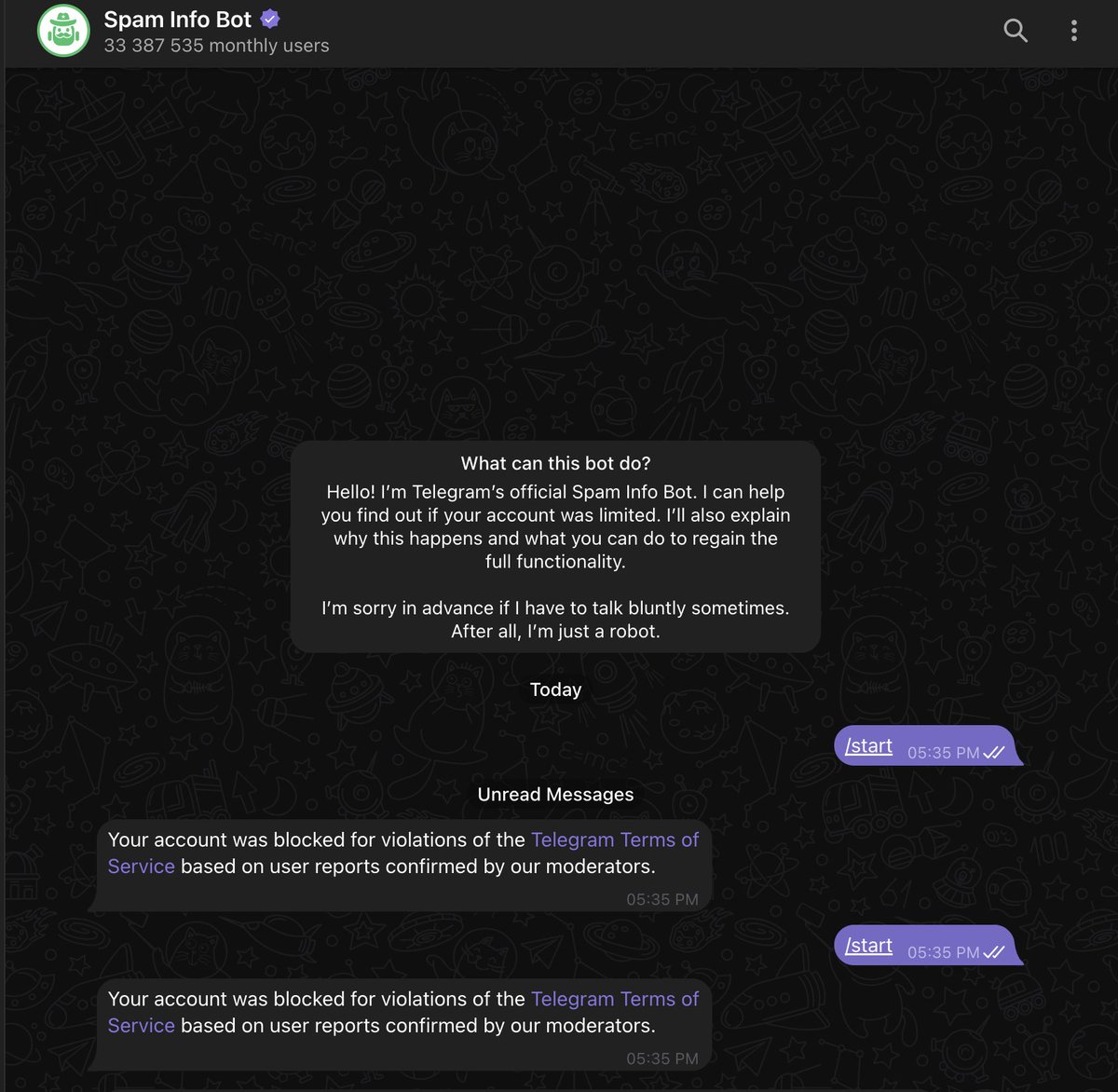 The lead developer's Telegram account (doombot) was mass reported and frozen. An appeal has been sent to Telegram to rectify this issue.