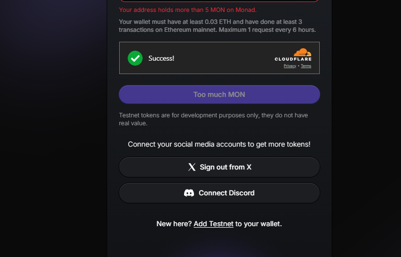 Hi @Monad_xyz,
I keep getting the “more than 5 MON” error on the faucet, but I have less than 0.3 MON. Haven’t been able to claim for a long time.
Please help! 🙏
#Monad #Testnet  <a href="/monad_xyz/">Monad ⨀</a>  <a href="/keoneHD/">Keone Hon ⨀</a>