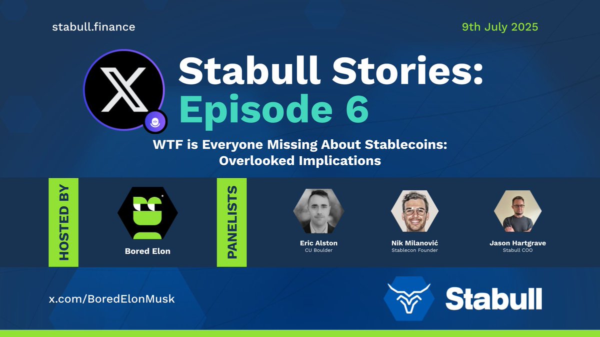 🔊 Announcing our next X-Spaces 🚀🐂📈

WTF is everyone missing about Stablecoins: Overlooked implications.

🗓️ July 7, 2025 | 🕓 4pm UTC
📍 x.com/i/spaces/1MYGN…
👥  <a href="/BoredElonMusk/">BORED</a>

 🎙️ This week's lineup 👇

<a href="/NikMilanovic/">Nik</a> founder of <a href="/thestablecon/">stablecon</a>
General Partner of