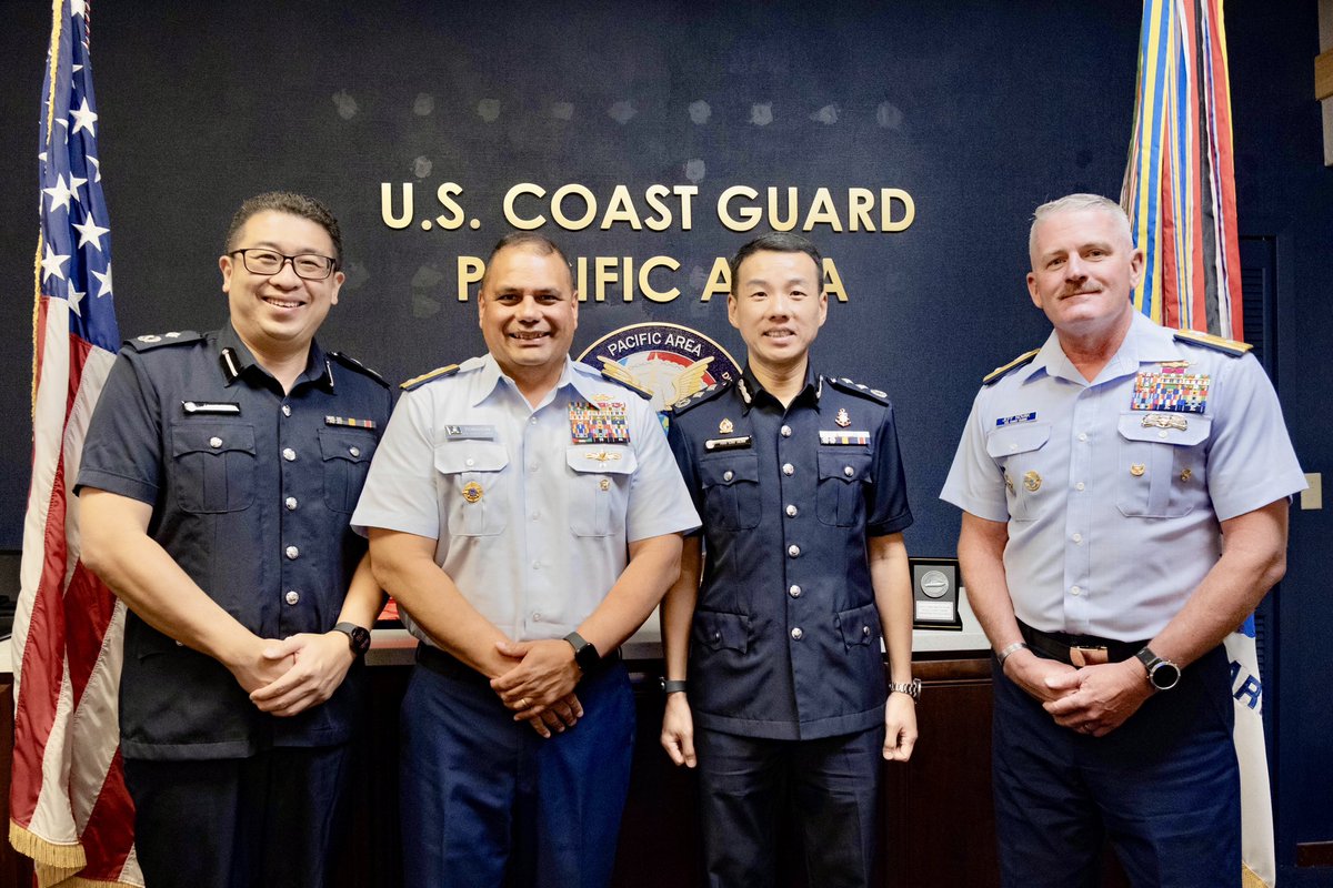 USCGPACAREA's tweet image. The Coast Guard Pacific Area hosted Singapore Police Coast Guard leaders, reinforcing maritime security and training. Vice Admiral Tiongson and Rear Admiral Novak engaged in a gift exchange with Singaporean officials. This partnership strengthens ties between the US and Singapore