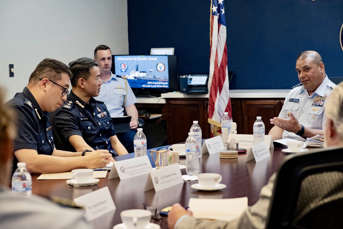 USCGPACAREA's tweet image. The Coast Guard Pacific Area hosted Singapore Police Coast Guard leaders, reinforcing maritime security and training. Vice Admiral Tiongson and Rear Admiral Novak engaged in a gift exchange with Singaporean officials. This partnership strengthens ties between the US and Singapore