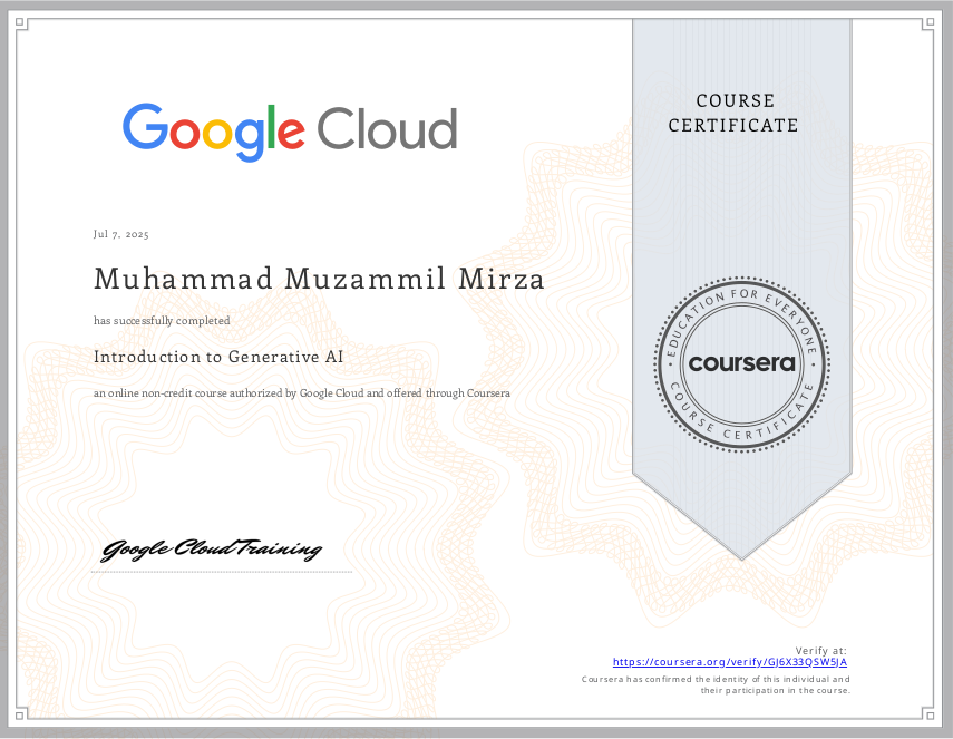 hiMuzammil's tweet photo. 🎉 Just completed Google's Introduction to Generative AI via Coursera!
Exploring how GenAI can empower web development and automation.
📜https://t.co/Ua1KXrT019

#AI #WebDev #DLSEI #Coursera #100DaysOfCode #LearningInPublic #AIinWebDev #TechTwitter https://t.co/iTnljuox3E