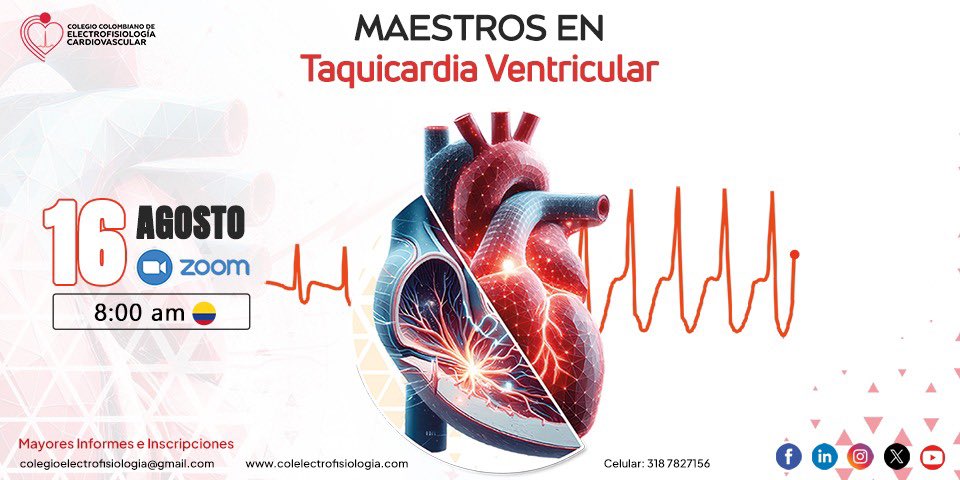 Colegio Colombiano de Electrofisiología (@colegioelectro1) on Twitter photo ¿Eres profesional de la salud o estudiante interesado en profundizar en el manejo y tratamiento de la taquicardia ventricular? Este evento es para ti 🌟
🗓 Fecha: sábado 16 de Agosto
📍 Lugar: modalidad virtual
Inscripciones 🔗 inscripciones.colelectrofisiologia.com/eventos/regist…
inscripciones.colelectrofisiologia.com/eventos/regist… ¿Eres profesional de la salud o estudiante interesado en profundizar en el manejo y tratamiento de la taquicardia ventricular? Este evento es para ti 🌟
🗓 Fecha: sábado 16 de Agosto
📍 Lugar: modalidad virtual
Inscripciones 🔗 inscripciones.colelectrofisiologia.com/eventos/regist…
inscripciones.colelectrofisiologia.com/eventos/regist…