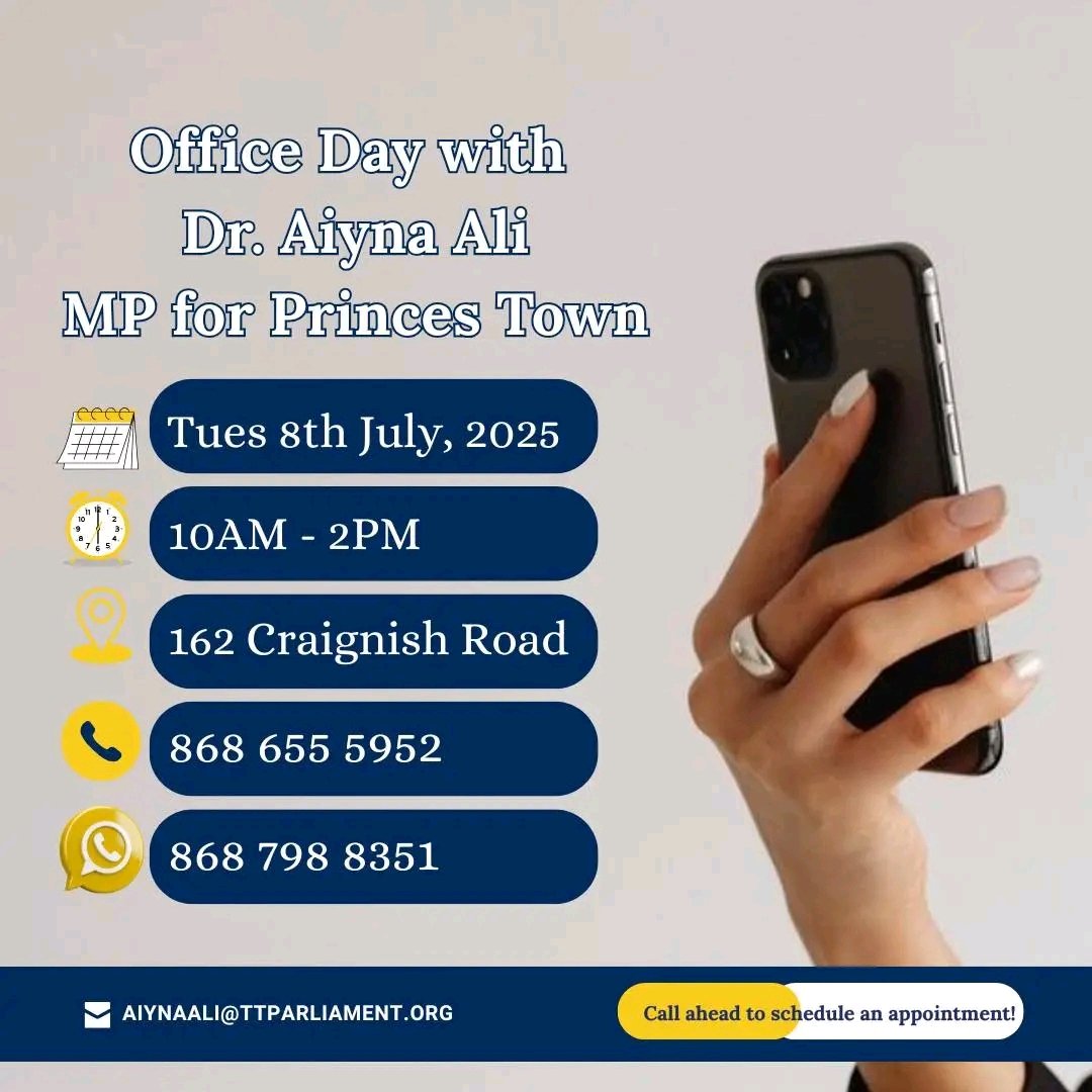 Princes Town Constituents!
I will be in the office tomorrow, Tuesday, 8th July, from 10:00 AM to 2:00 PM.

Our past sessions have been insightful, and I’m actively working on resolving the issues you’ve raised. If there’s a matter you’d like to discuss, feel free to stop by