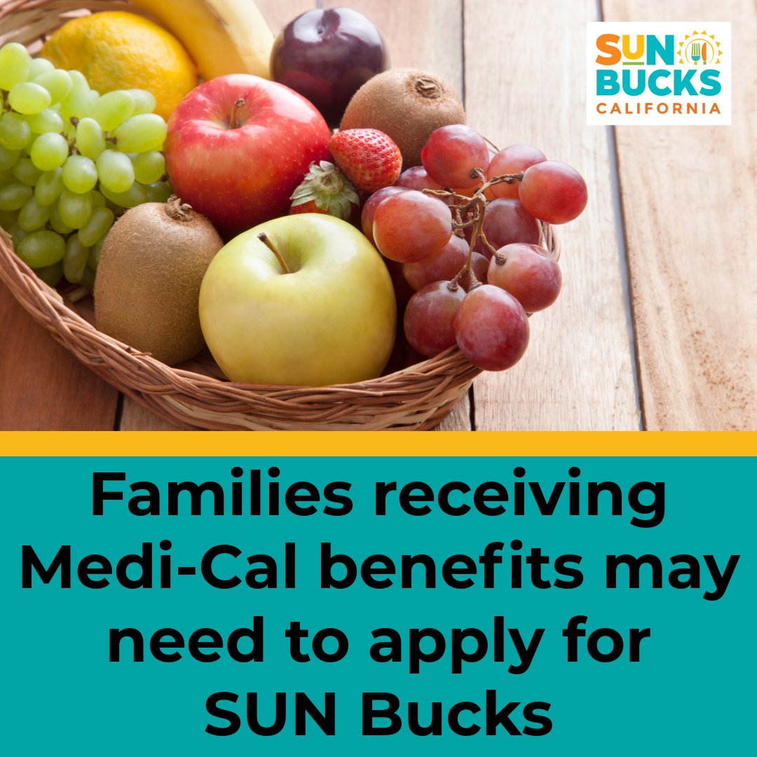 CaliforniaDSS's tweet photo. Families may need to apply for SUN Bucks if a child is getting Medi-Cal through: 
-Foster Care 
-Adoption Assistance Program  
-Supplemental Security Income/State Supplementary Payment 

Learn more: https://t.co/3EUXyzX6bp https://t.co/ZMlfx8Th86