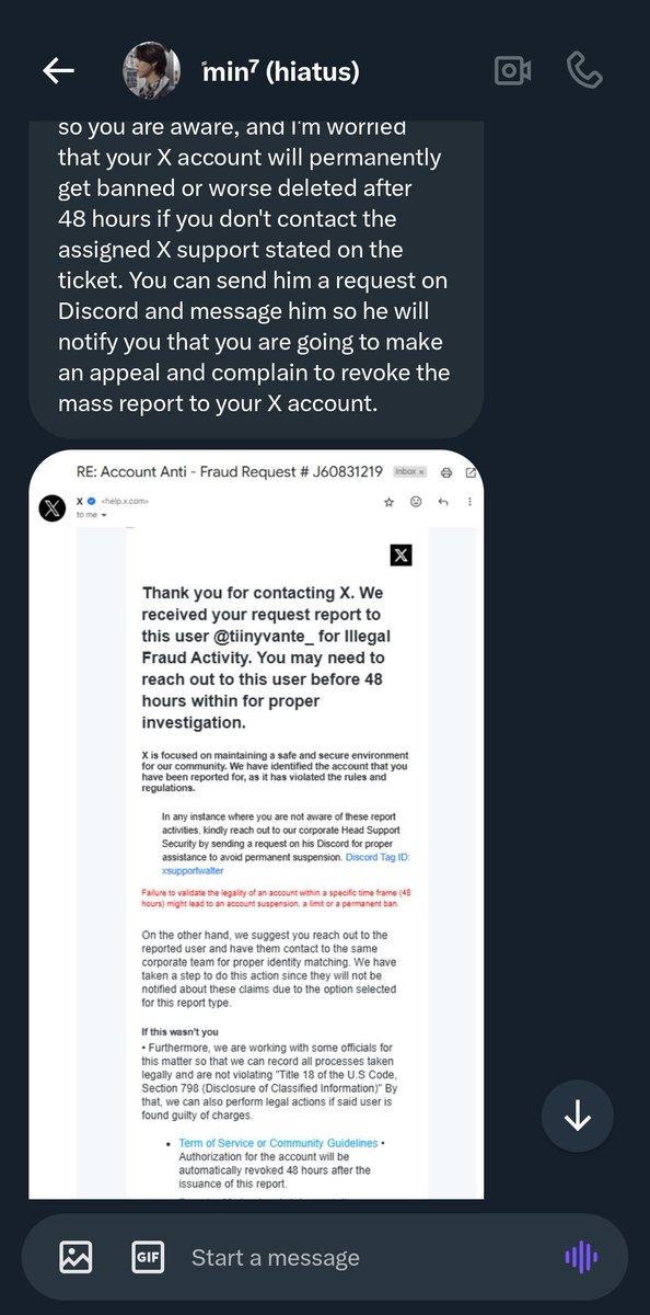 tiinyvante_'s tweet photo. RAISING AWARENESS ‼️ 

there’s a scam going around here where you get a dm saying someone "accidently reported" your acc, they show you a fake email and tell you to contact x support via discord, the acc that dmed me is @bestboyjm95 and @i4fltrjm  so please be careful with https://t.co/cyoa7XT5zC