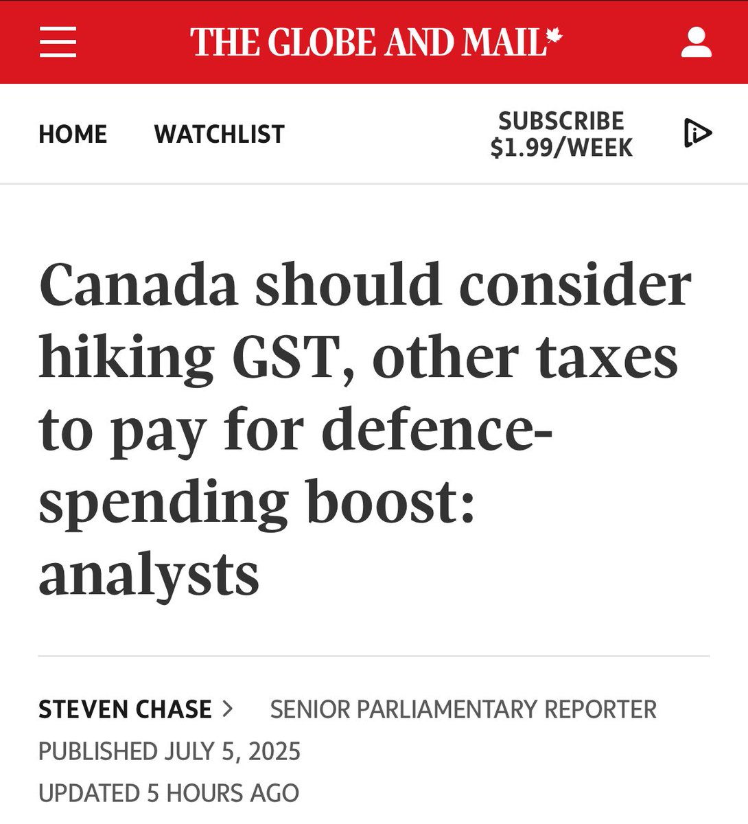 Canada spent the last 80 years building a huge welfare state under America's protection while neglecting its own military at the same time.
Now that there is talk of rebuilding our military, why can't we cut spending in other areas? Why is the only answer to keep raising taxes?