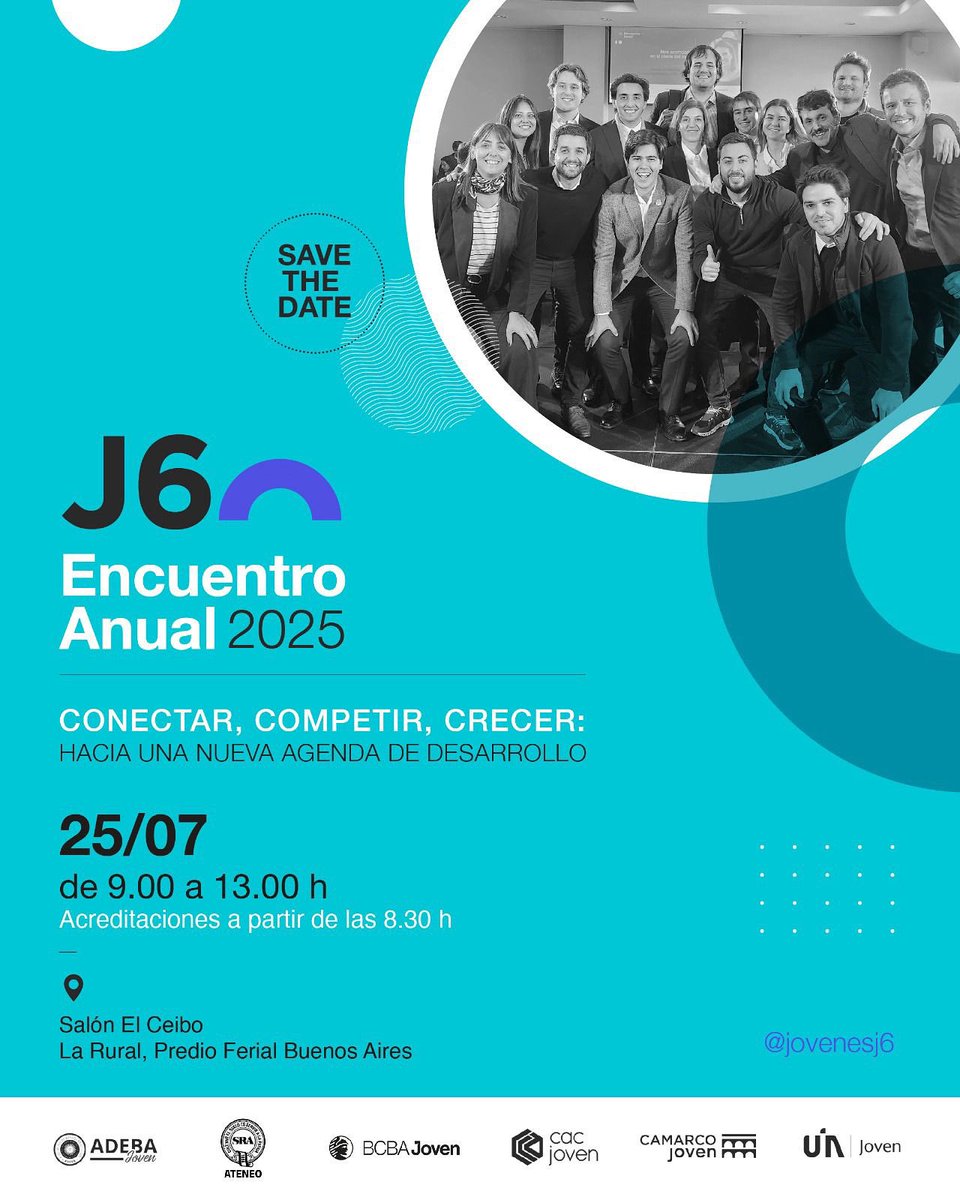 Llega el #EventoAnualJ6: “Conectar, Competir, Crecer: hacia una nueva agenda de desarrollo” 

🗓️ Viernes 25/7 | 🕘 9:00 hs
📍 La Rural
📩 Solo con invitación e inscripción previa

Seguimos construyendo futuro! 🚀 #J6

Más info acá 👉 linktr.ee/jovenesj6