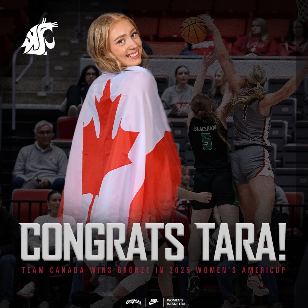 WSUCougarWBB's tweet image. ๐๐ธ๐ท๐ฐ๐ป๐ช๐ฝ๐ผ to Tara Wallack, who helped Team Canada win bronze at the 2025 FIBA Women's Americup after a double overtime win over Argentina to earn the medal!
Keep it up, Wally!
#GoCougs
