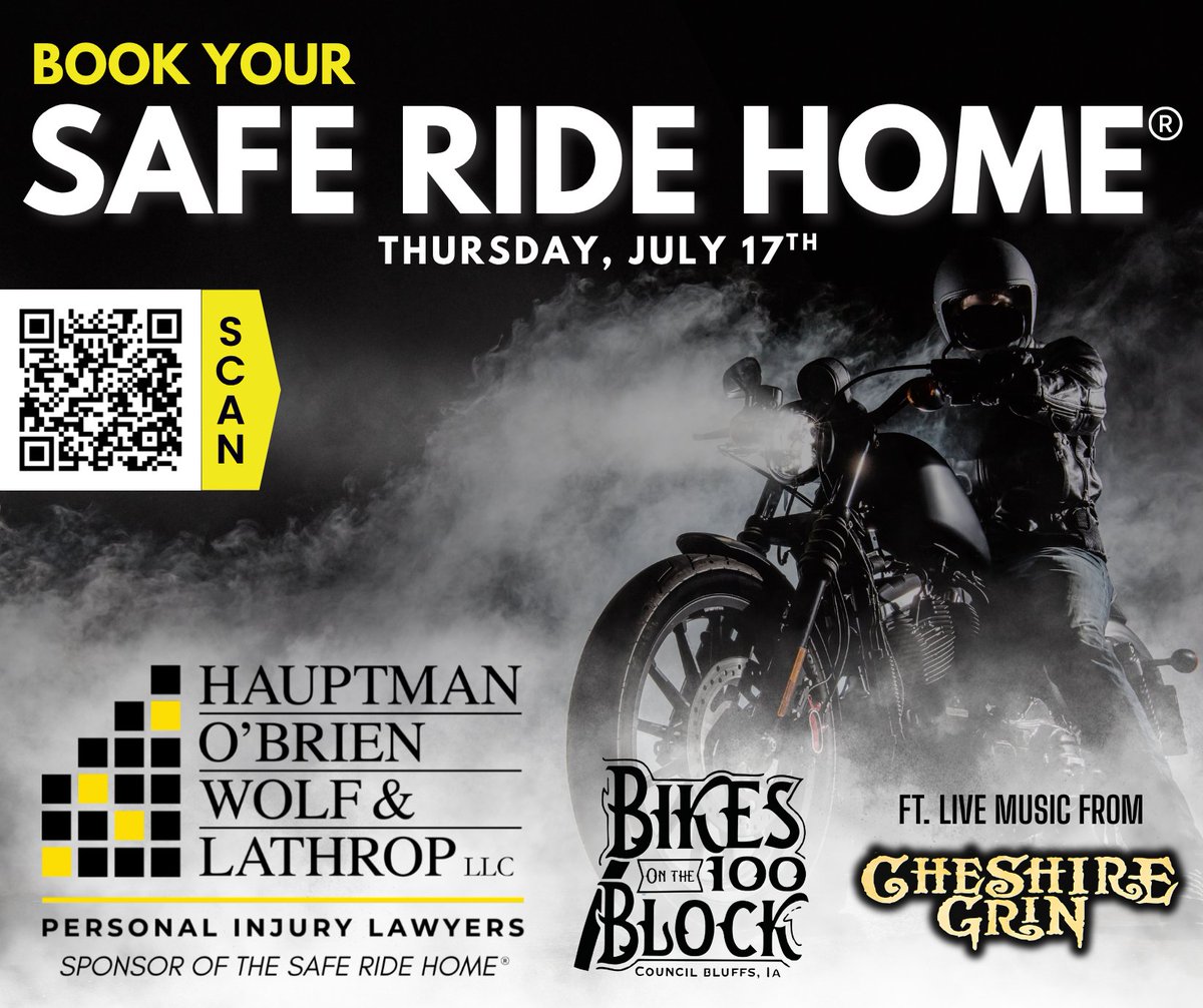 It’s Night 3 of the 100 Block Motorcycle Rally in Council Bluffs! 🎉 Come hang out, catch some awesome tunes from Cheshire Grin 🎸, and swing by our booth for cool swag and goodies for you and your kiddos.

Remember—if you’re celebrating, don’t drink and drive 🍻🚫. Grab a Safe