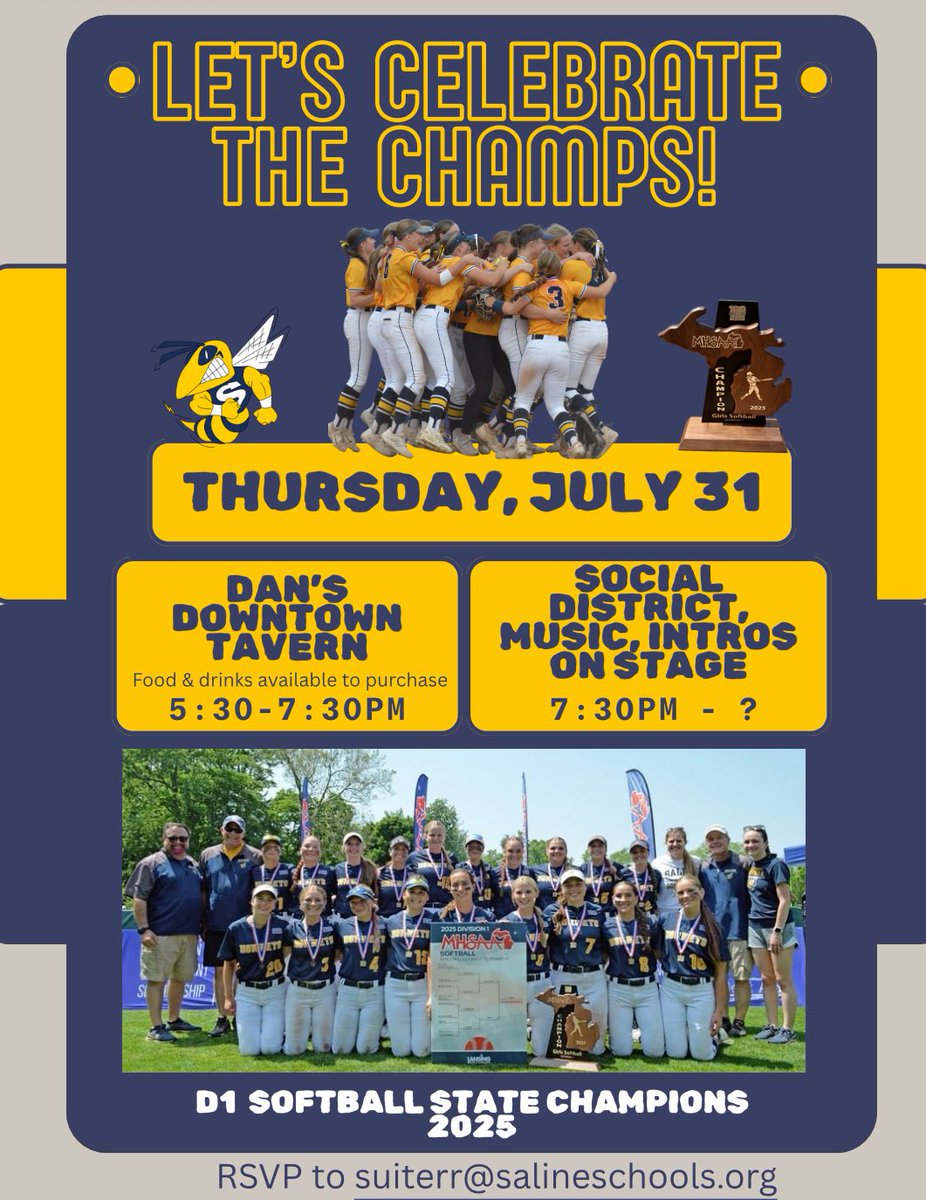 We are excited to announce we will be celebrating our State Championship on Thursday, July 31st! Join us for an evening downtown during the Salty Summer Sounds event!

We are inviting all family, friends, school staff, alumni, youth, fans and community members to join us!

🐝🥎💙