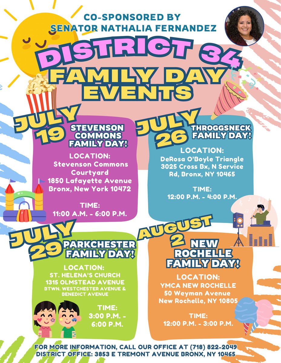 senfernandez34's tweet image. 🎉 District 34 Family Day Events are back! We’re bringing summer fun, music, food, and community spirit right to your neighborhood. Save the dates!
🎈 July 19 – Stevenson Commons
☀️ July 26 – Throggs Neck
🕶️ July 29 – Parkchester
⚜️ August 2 – New Rochelle