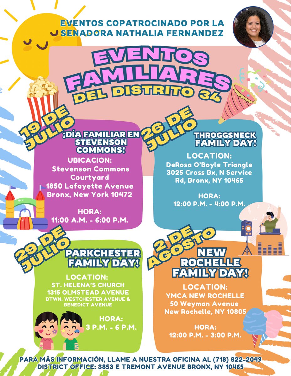 senfernandez34's tweet image. 🎉 District 34 Family Day Events are back! We’re bringing summer fun, music, food, and community spirit right to your neighborhood. Save the dates!
🎈 July 19 – Stevenson Commons
☀️ July 26 – Throggs Neck
🕶️ July 29 – Parkchester
⚜️ August 2 – New Rochelle