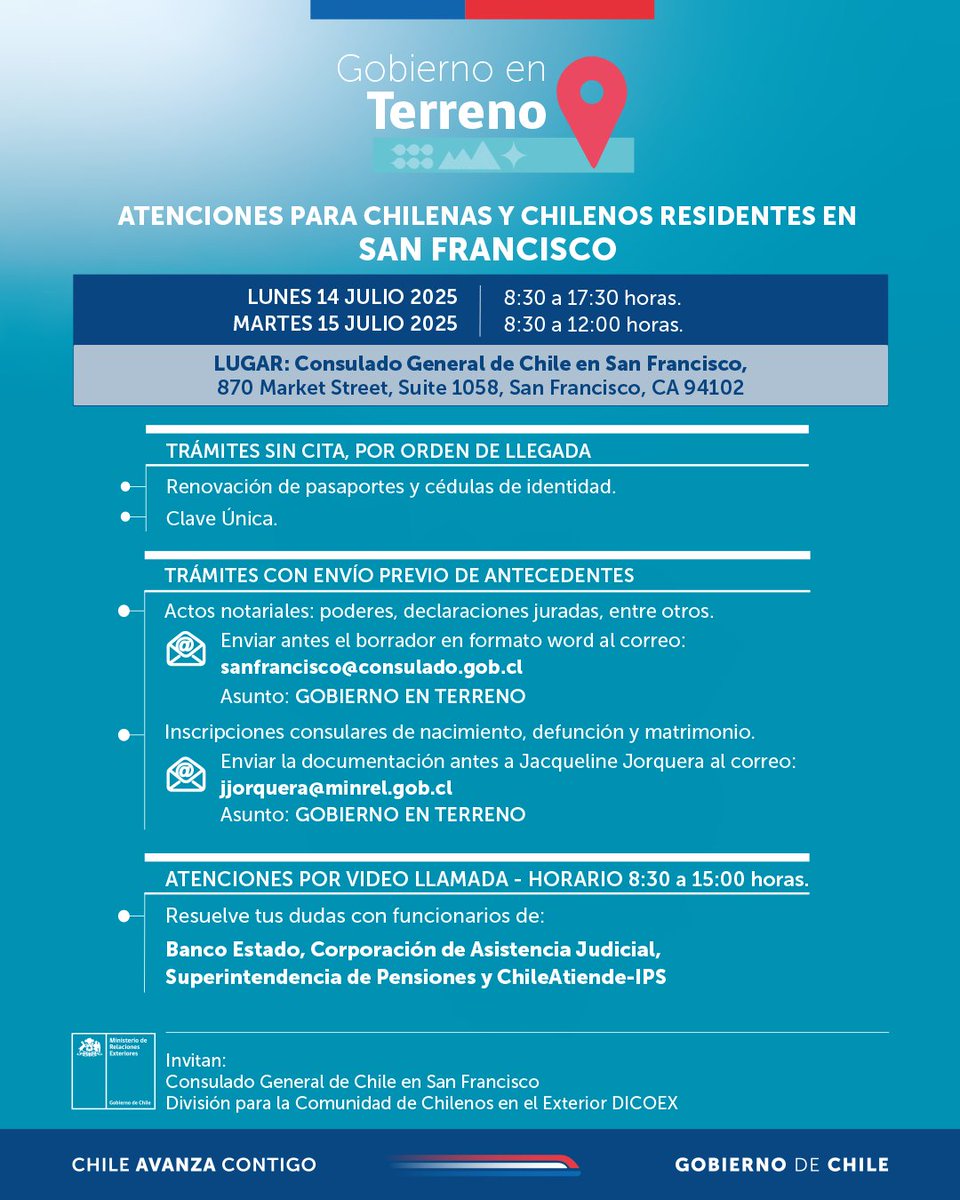 EmbajadaChileUS's tweet image. ¡Atención chilenos y chilenas residentes en San Francisco, Seattle y sus alrededores 🇺🇸!
🗓️Entre el 14 y 18 de julio, los servicios públicos del #GobiernoEnTerreno realizarán diversos trámites.
🔍Revisa los detalles ▶️bit.ly/4ld3Y5X