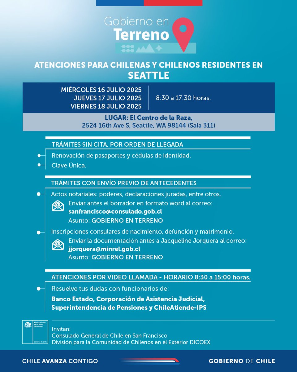 EmbajadaChileUS's tweet image. ¡Atención chilenos y chilenas residentes en San Francisco, Seattle y sus alrededores 🇺🇸!
🗓️Entre el 14 y 18 de julio, los servicios públicos del #GobiernoEnTerreno realizarán diversos trámites.
🔍Revisa los detalles ▶️bit.ly/4ld3Y5X