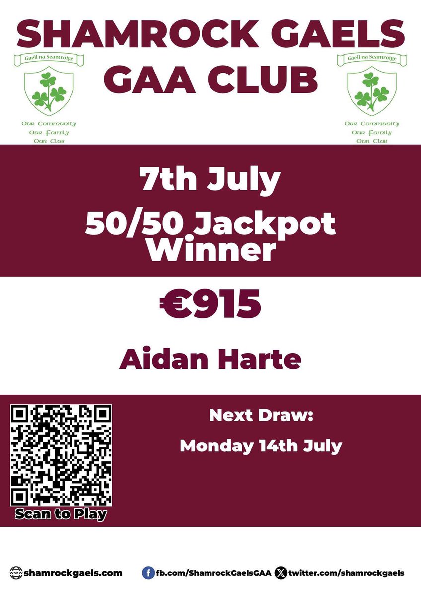 Congratulations to Aidan Harte this week's winner of the Shamrock Gaels 50/50 draw, winning €915👏

Click on the link below for next week's draw on Monday the 14th of July.

Thank you for your support ☘️

lottoraiser.ie/ShamrockGaels