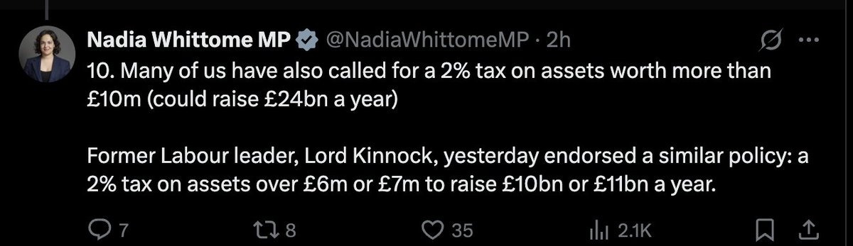Wealth tax. No country has introduced a tax like this. Actual real life wealth taxes either raise little or hit the middle class more than the mega-wealthy. 

See prospectmagazine.co.uk/ideas/economic…