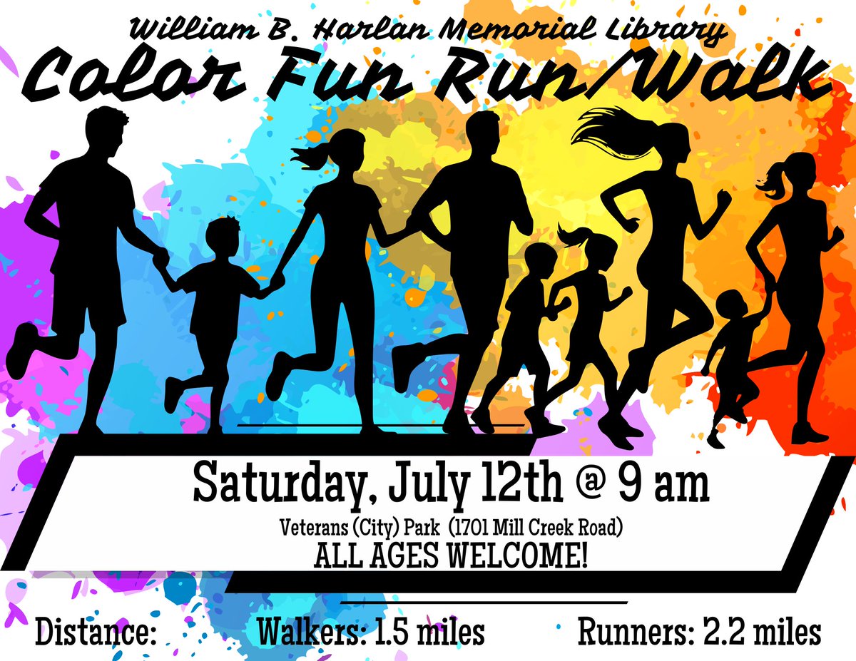 📷 COLOR FUN RUN/WALK 📷
Saturday, July 12th from 9 am - 12 pm at Veterans (City) Park.
Walkers: 1.5 miles, Runners: 2.2 miles. Fun for the entire family!
